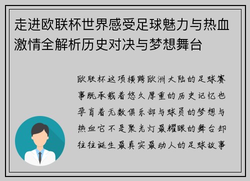 走进欧联杯世界感受足球魅力与热血激情全解析历史对决与梦想舞台